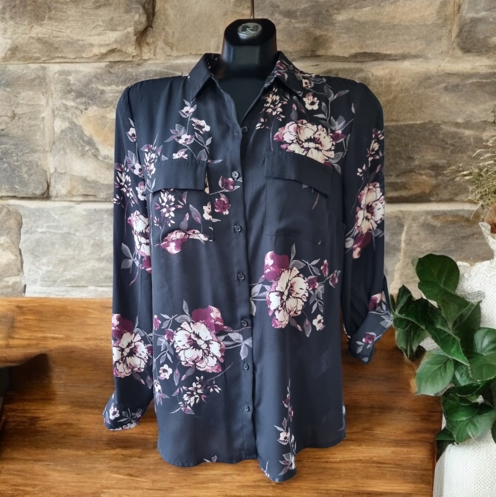 RICKI'S Floral Pink, Wine & Black Long Sleeve Button Down Blouse